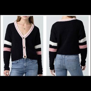 Varsity Sweater in Black w/Cream & Mauve Stripes